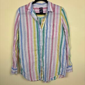 GAP Womens Size Small Bright Pastel Striped Button Down‎ Linen Boyfriend Shirt